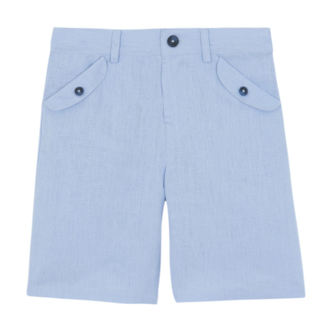 100% White Linen Chinese Collar Shirt & Sky Blue Shorts