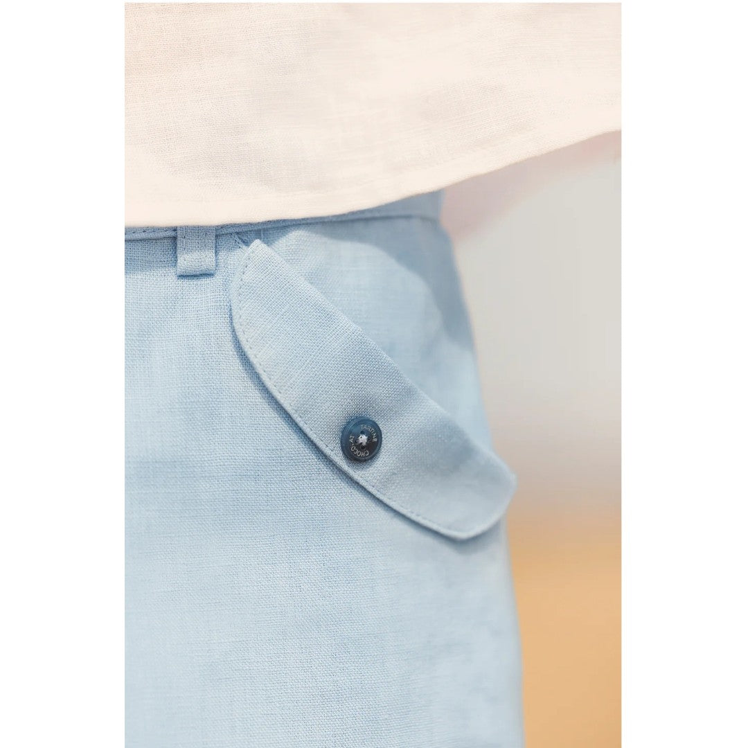 100% White Linen Chinese Collar Shirt & Sky Blue Shorts