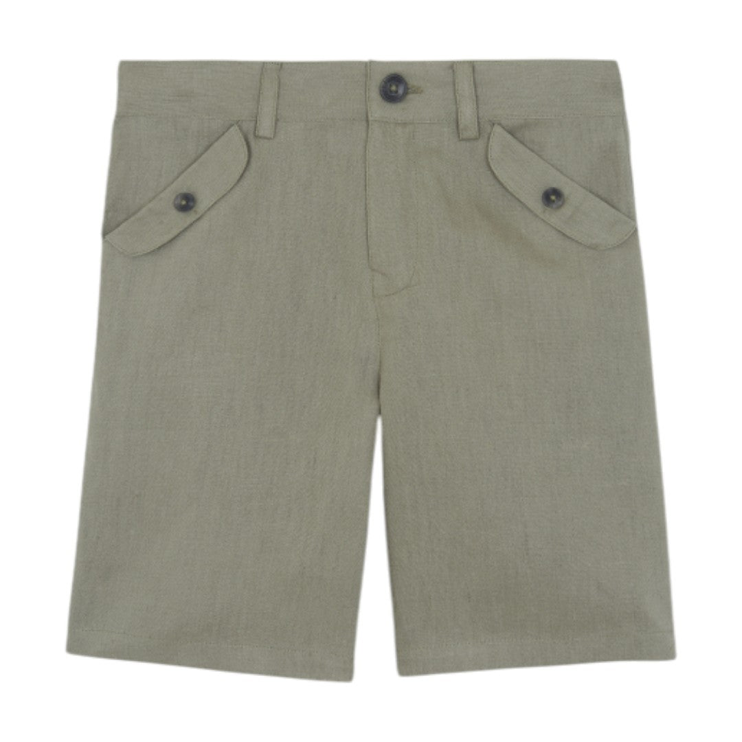 100% White Linen Chinese Collar Shirt & Green Shorts