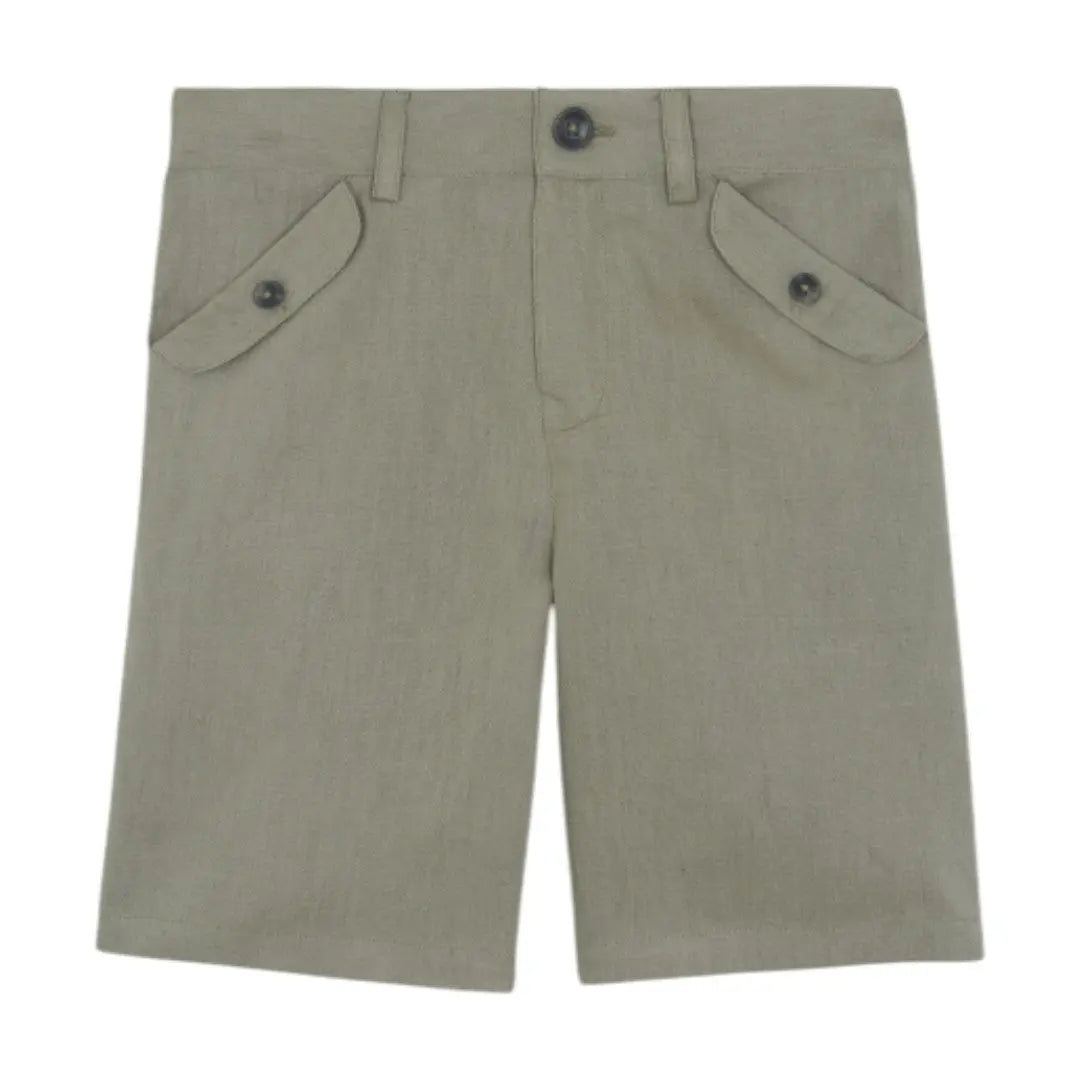 100% White Linen Chinese Collar Shirt & Green Shorts TARTINE ET CHOCOLAT