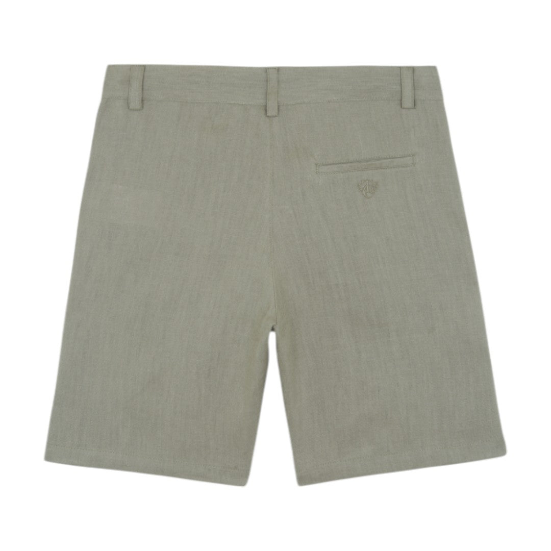 100% White Linen Chinese Collar Shirt & Green Shorts