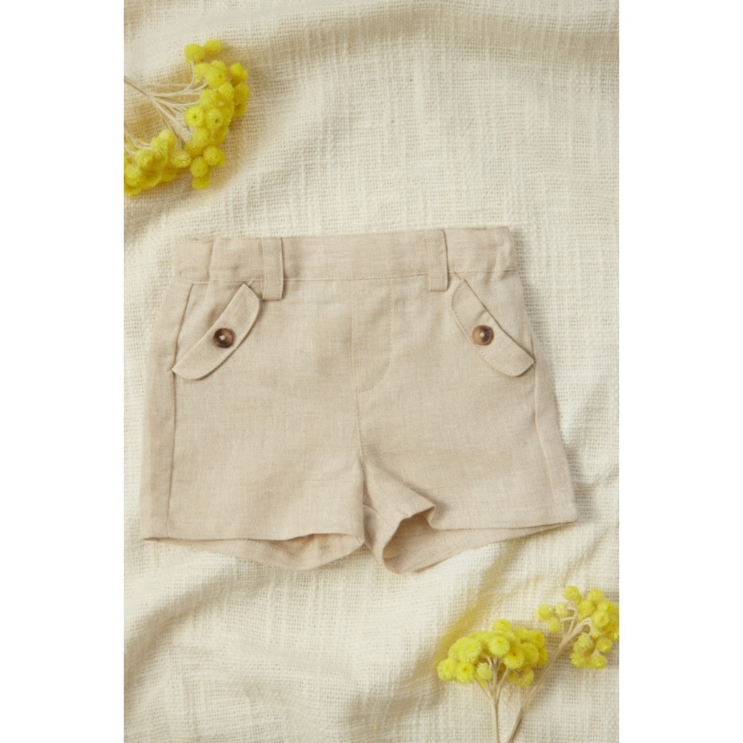 100% White Linen Baby Shirt & Beige Shorts