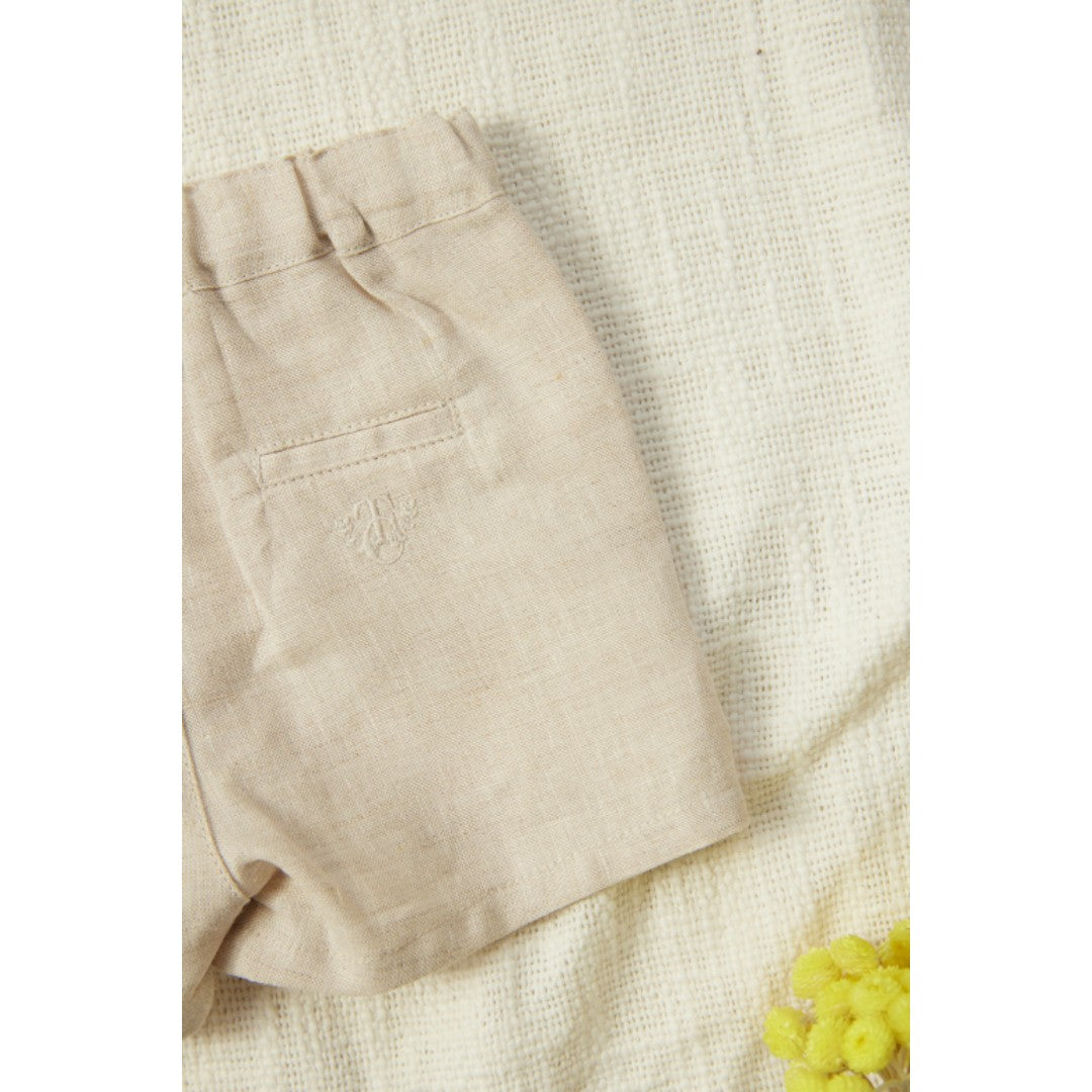 100% White Linen Baby Shirt & Beige Shorts