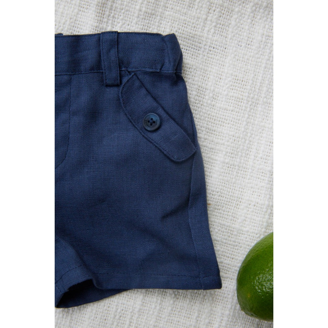 100% White Linen Baby Shirt & Navy Shorts