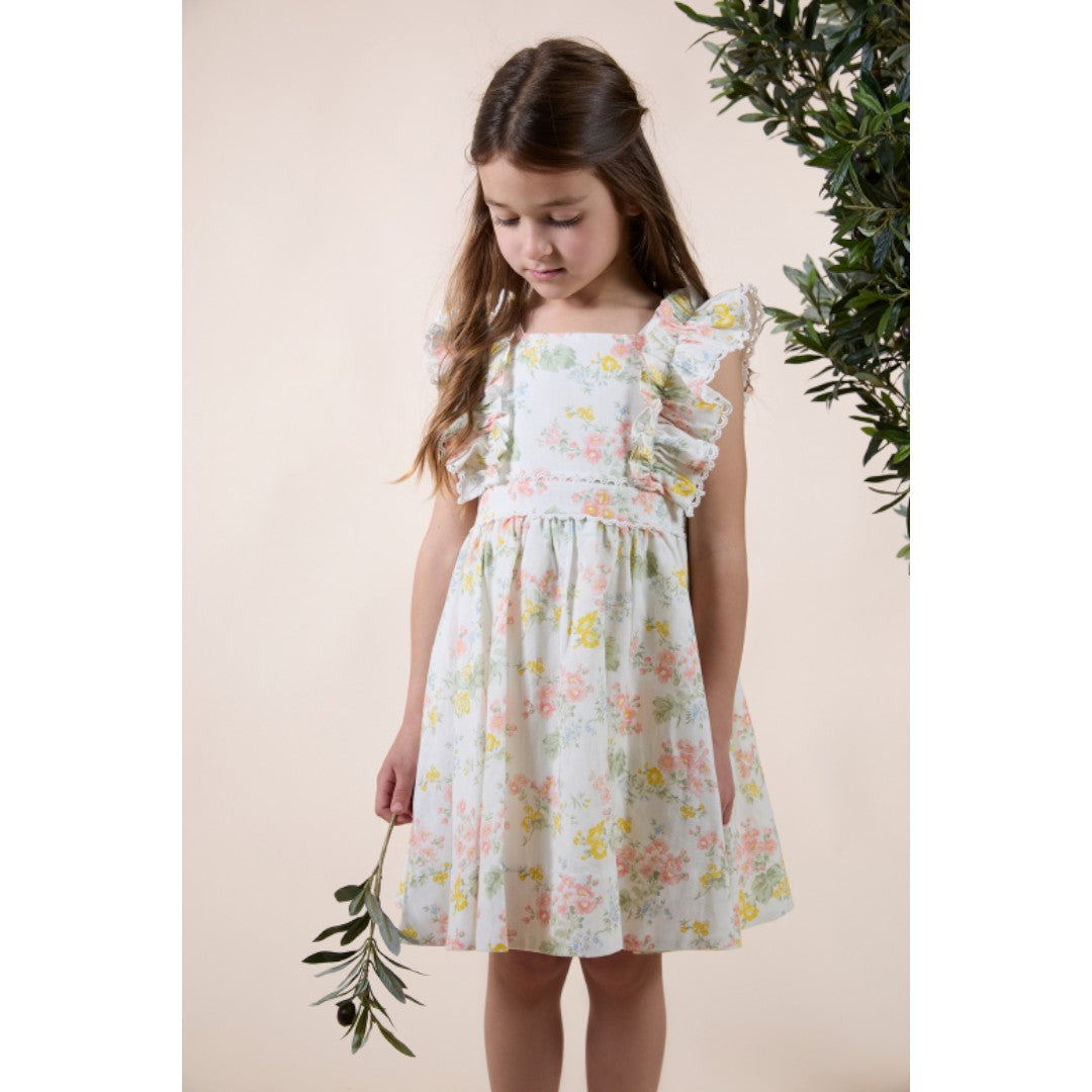 Linen Dress Flower Print - Ecru
