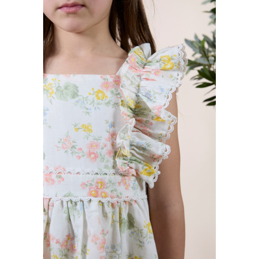 Linen Dress Flower Print - Ecru
