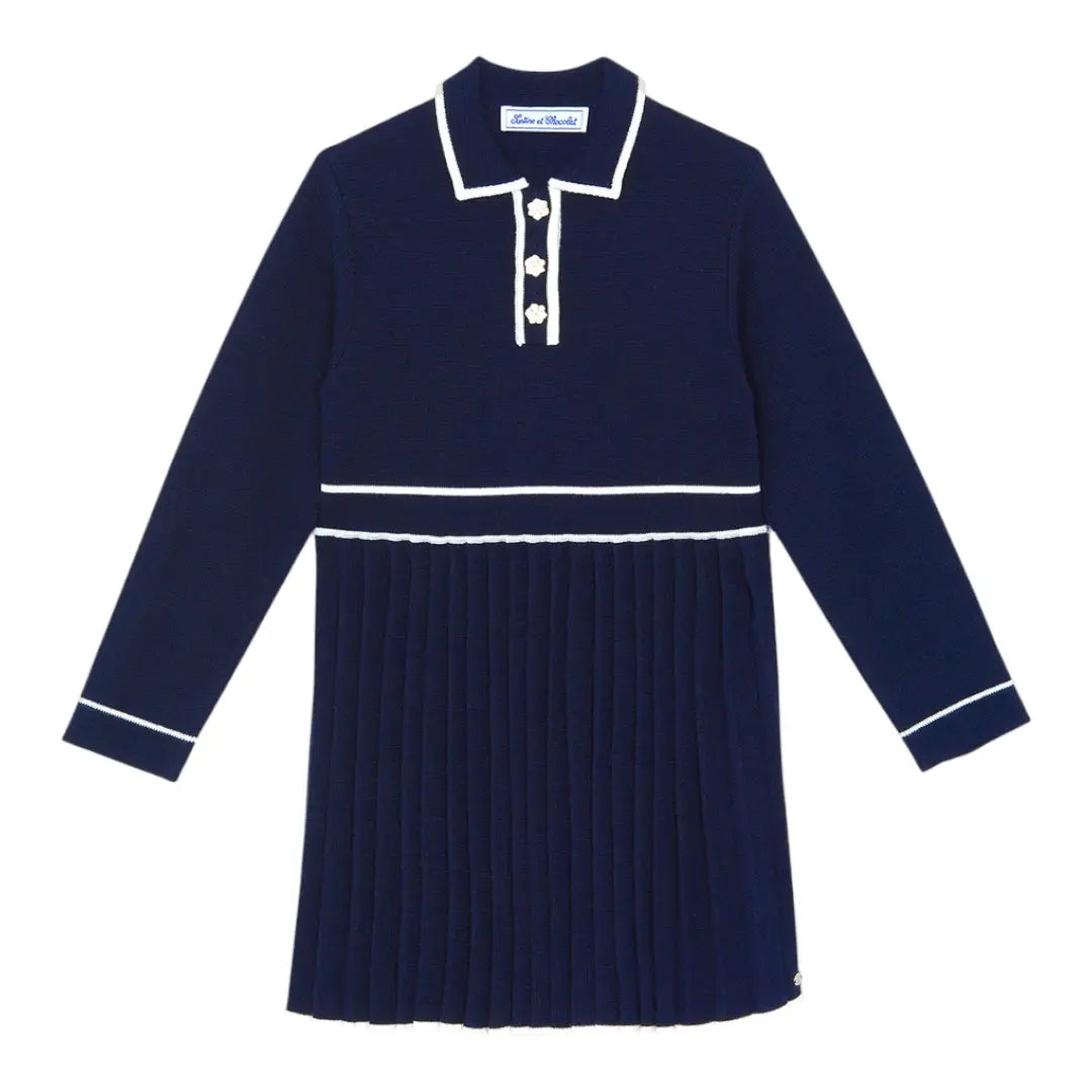 Classic Navy Pleat Dress TARTINE ET CHOCOLAT