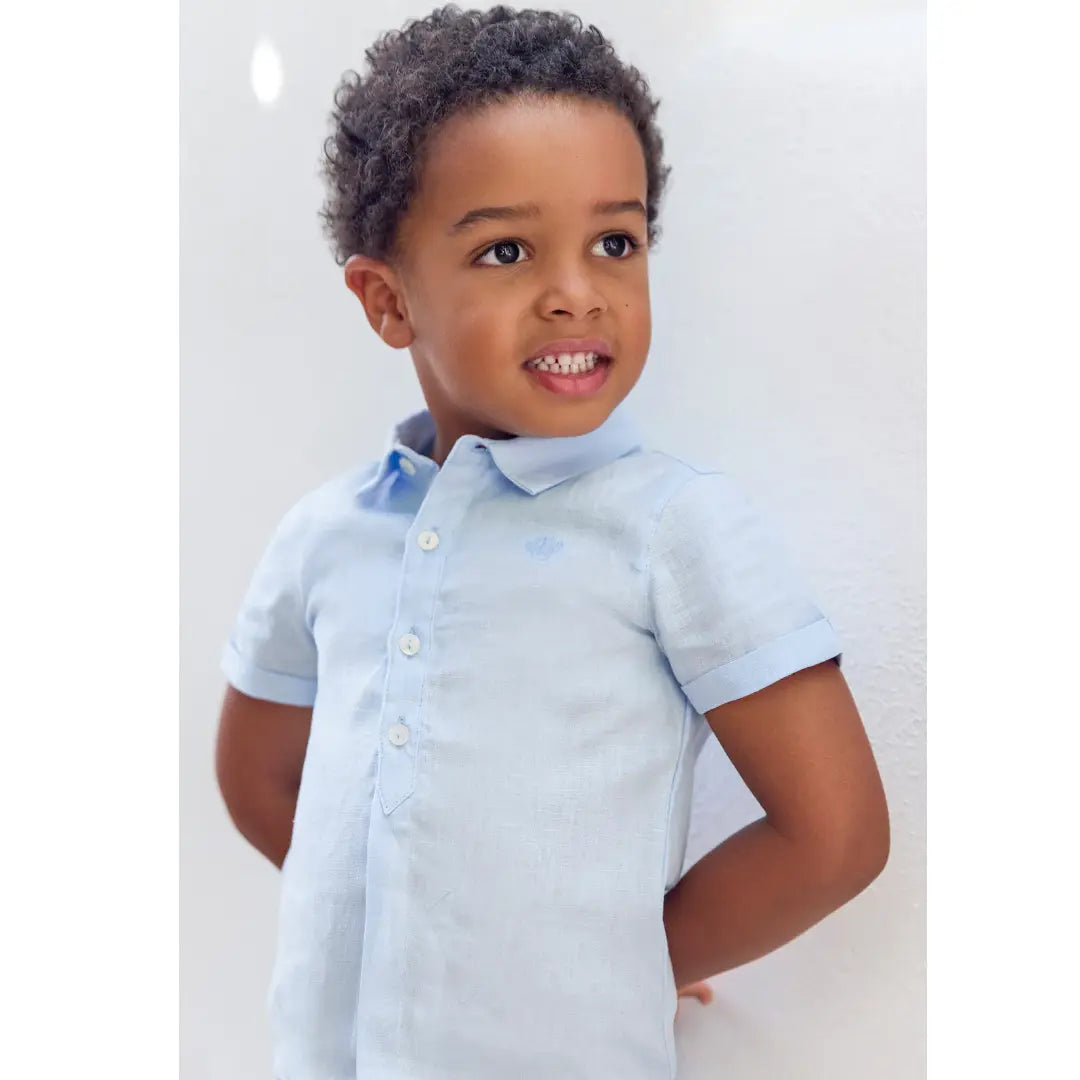 Boys Sky Blue Linen Shirt & White Linen Shorts Set TARTINE ET CHOCOLAT