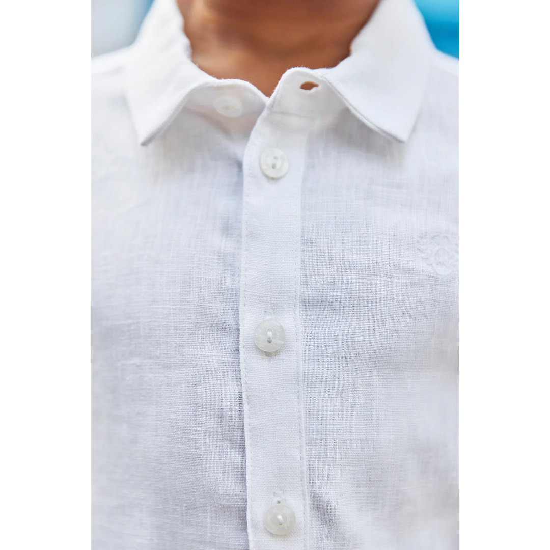Boys White Linen Shirt & Sand Linen Ceremony Shorts Set