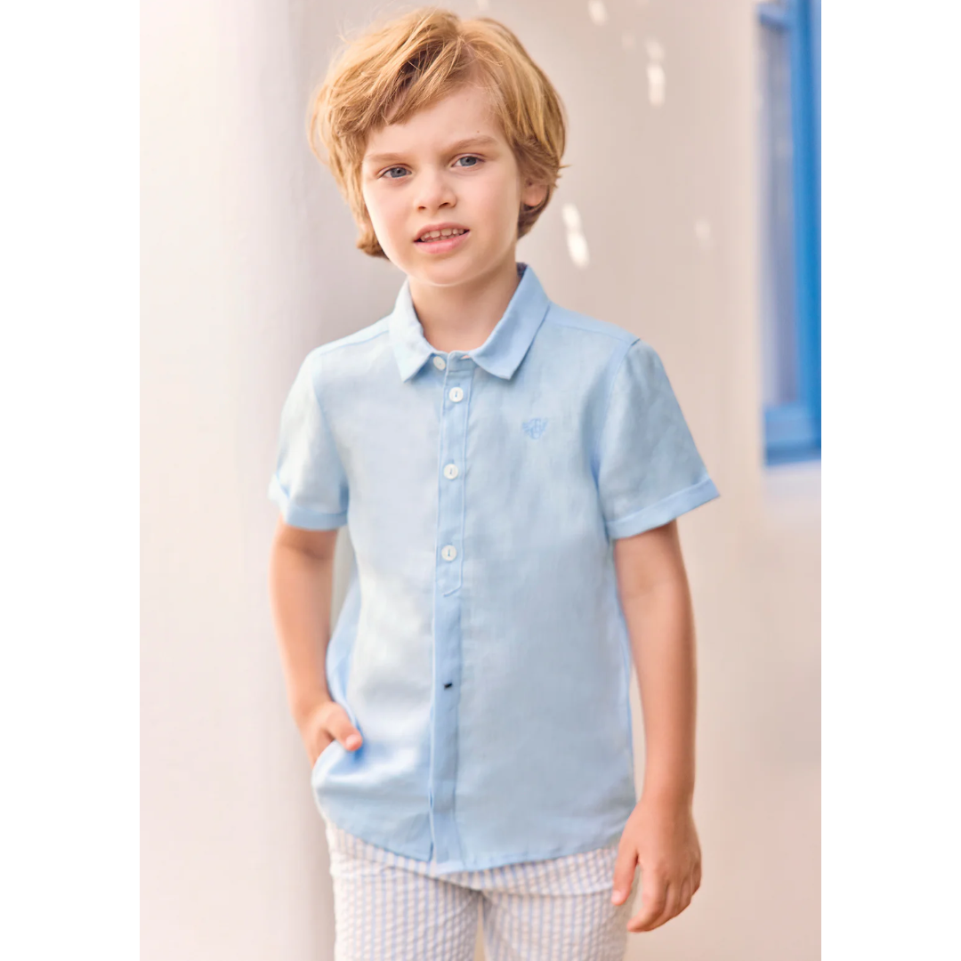 Boys Blue Cloud Linen Shirt & White Linen Shorts Ceremony Set
