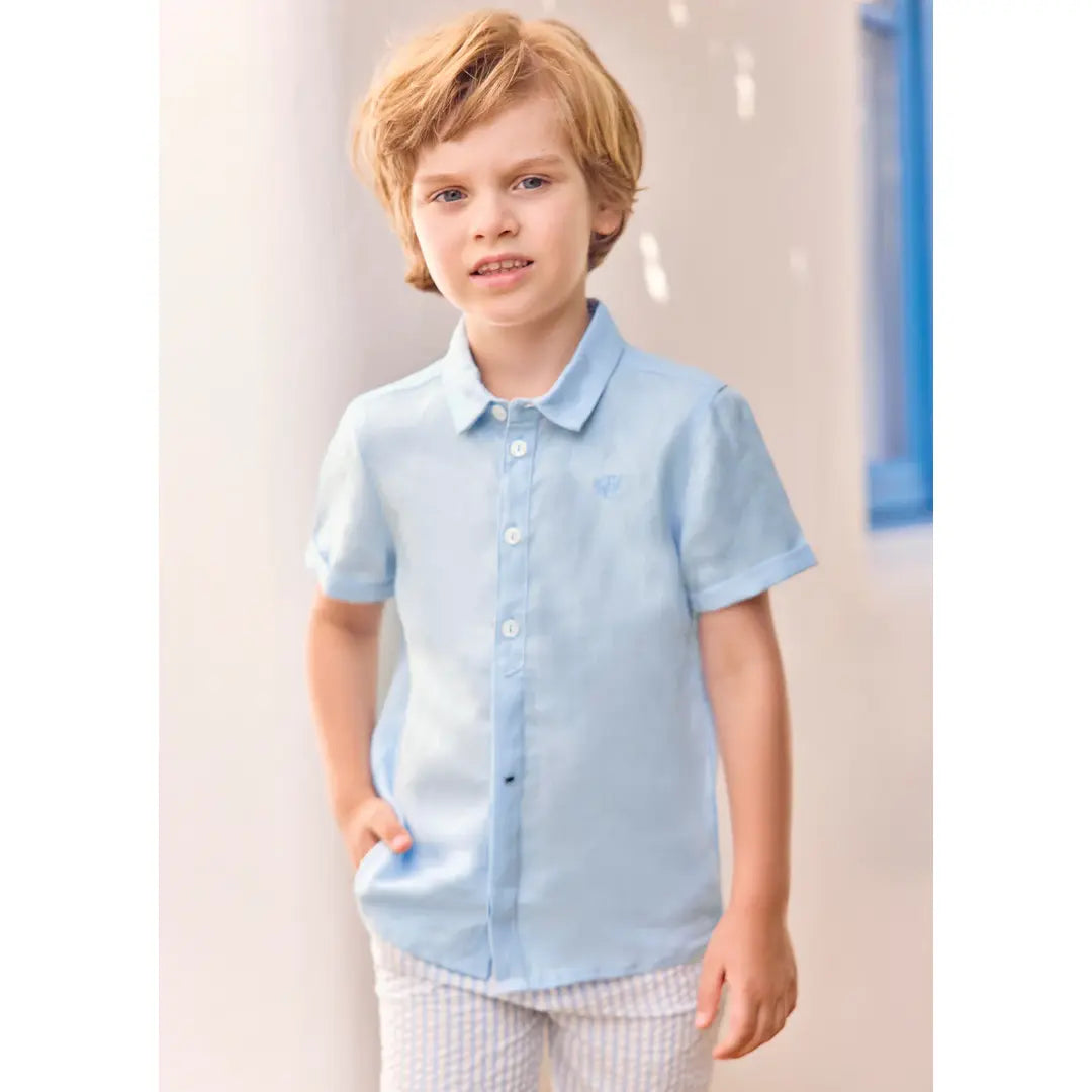 Boys Blue Cloud Linen Shirt & White Linen Shorts Ceremony Set TARTINE ET CHOCOLAT