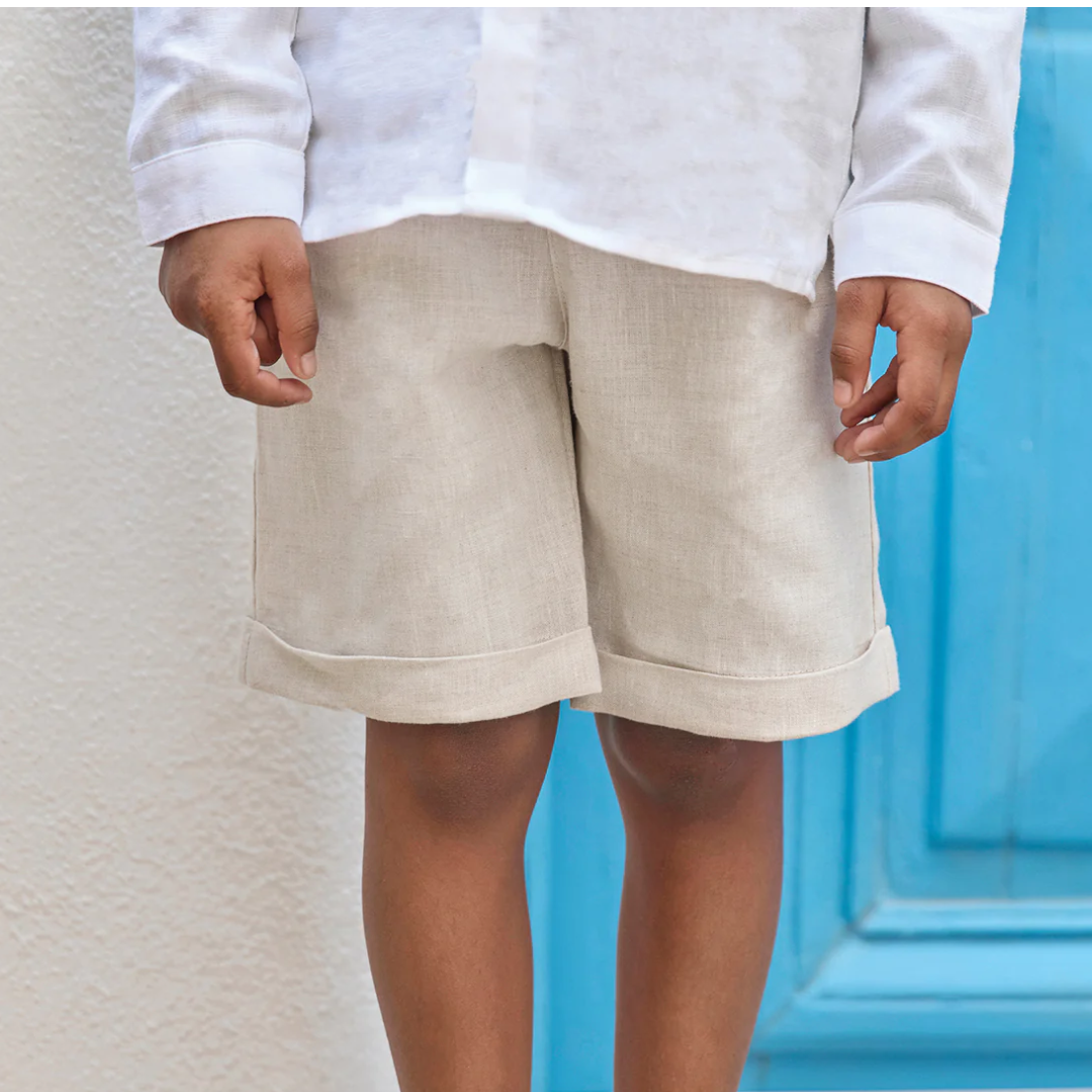 Boys White Linen Shirt & Sand Linen Ceremony Shorts Set