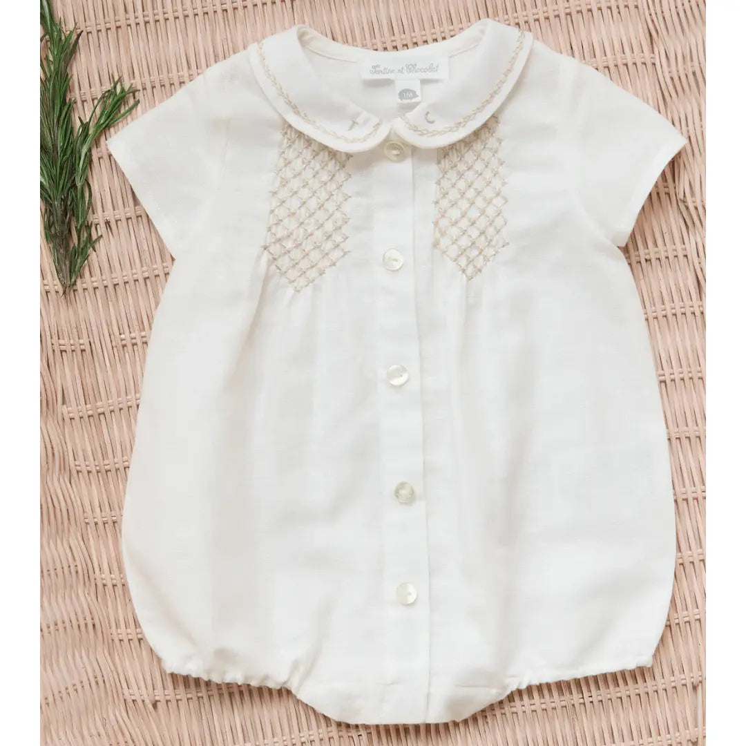 Baby Ecru Linen & Cotton Smocked Short Jumpsuit TARTINE ET CHOCOLAT