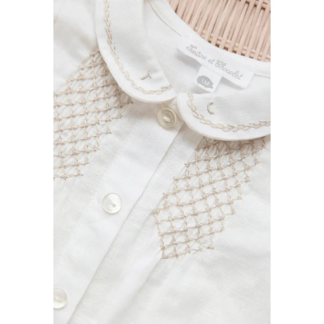 Baby Ecru Linen & Cotton Smocked Short Jumpsuit TARTINE ET CHOCOLAT