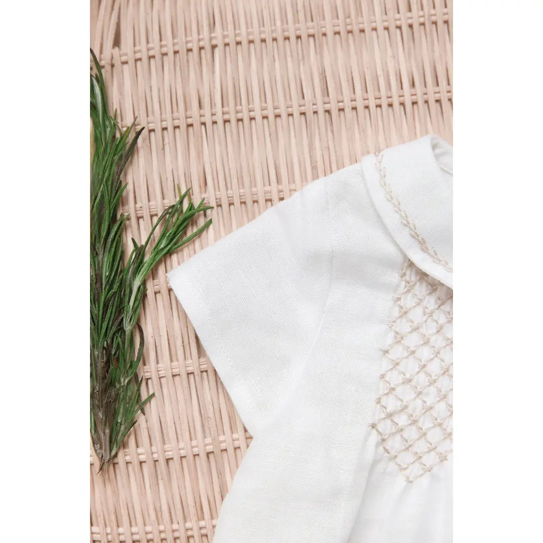 Baby Ecru Linen & Cotton Smocked Short Jumpsuit TARTINE ET CHOCOLAT