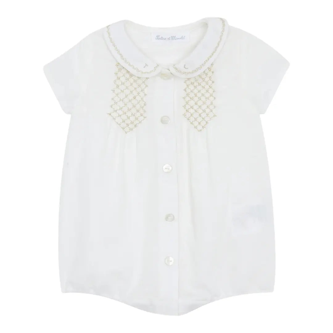 Baby Ecru Linen & Cotton Smocked Short Jumpsuit TARTINE ET CHOCOLAT