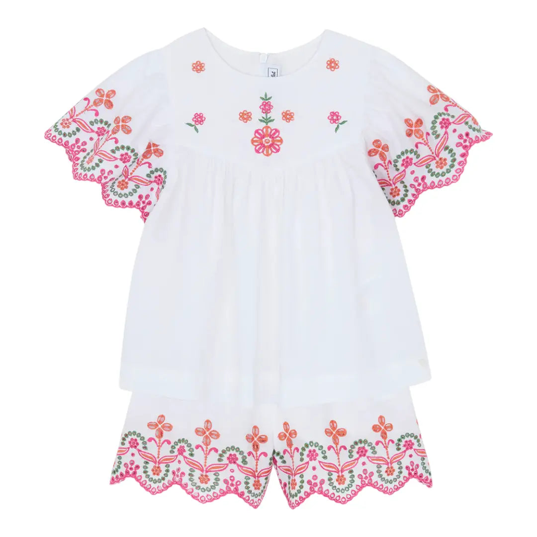 Girls White Embroidered Cotton Short Set TARTINE ET CHOCOLAT