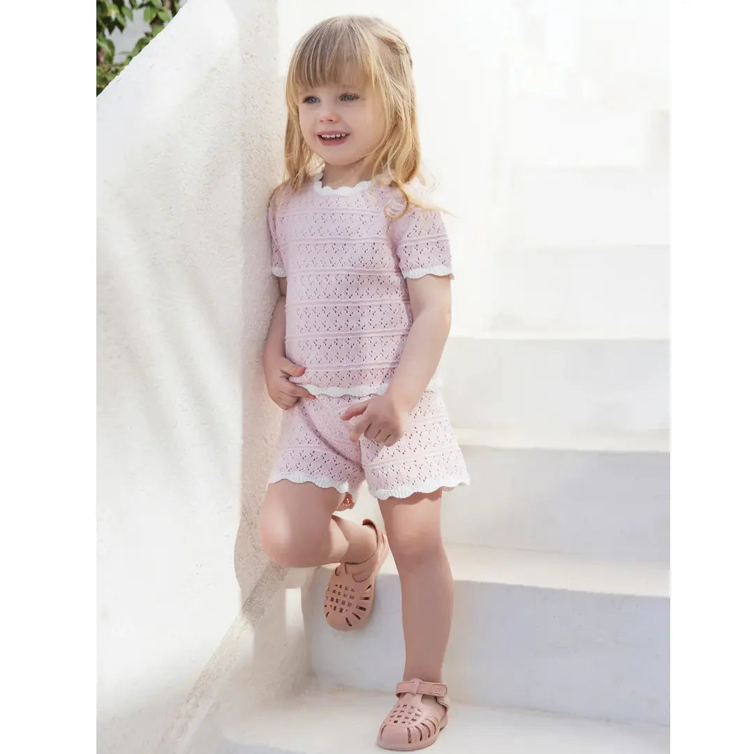 Girls Pale Pink Openwork Knit Short Set TARTINE ET CHOCOLAT