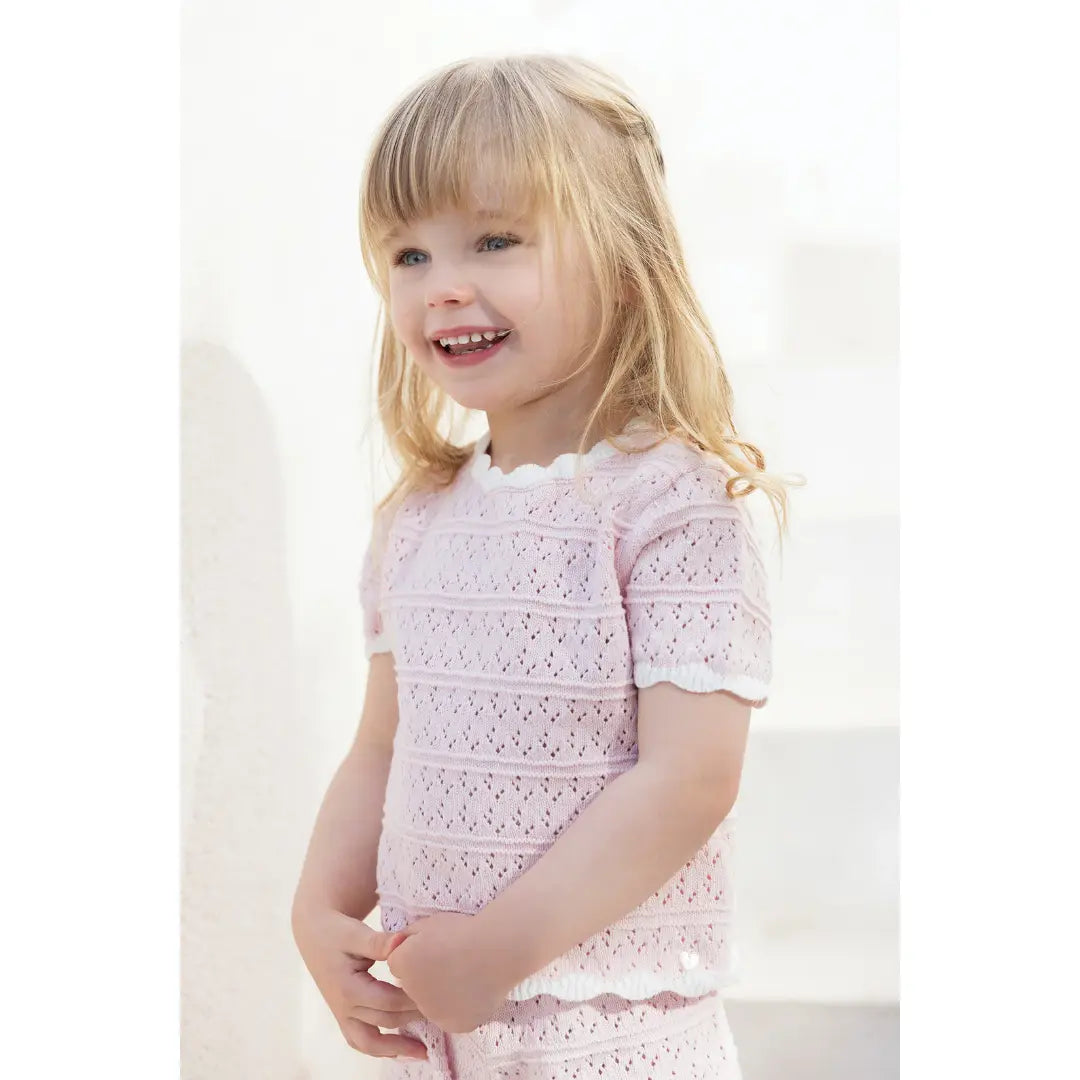 Girls Pale Pink Openwork Knit Short Set TARTINE ET CHOCOLAT