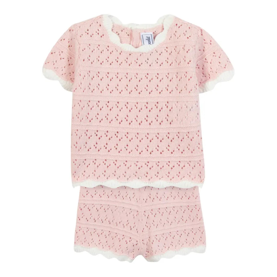 Girls Pale Pink Openwork Knit Short Set TARTINE ET CHOCOLAT