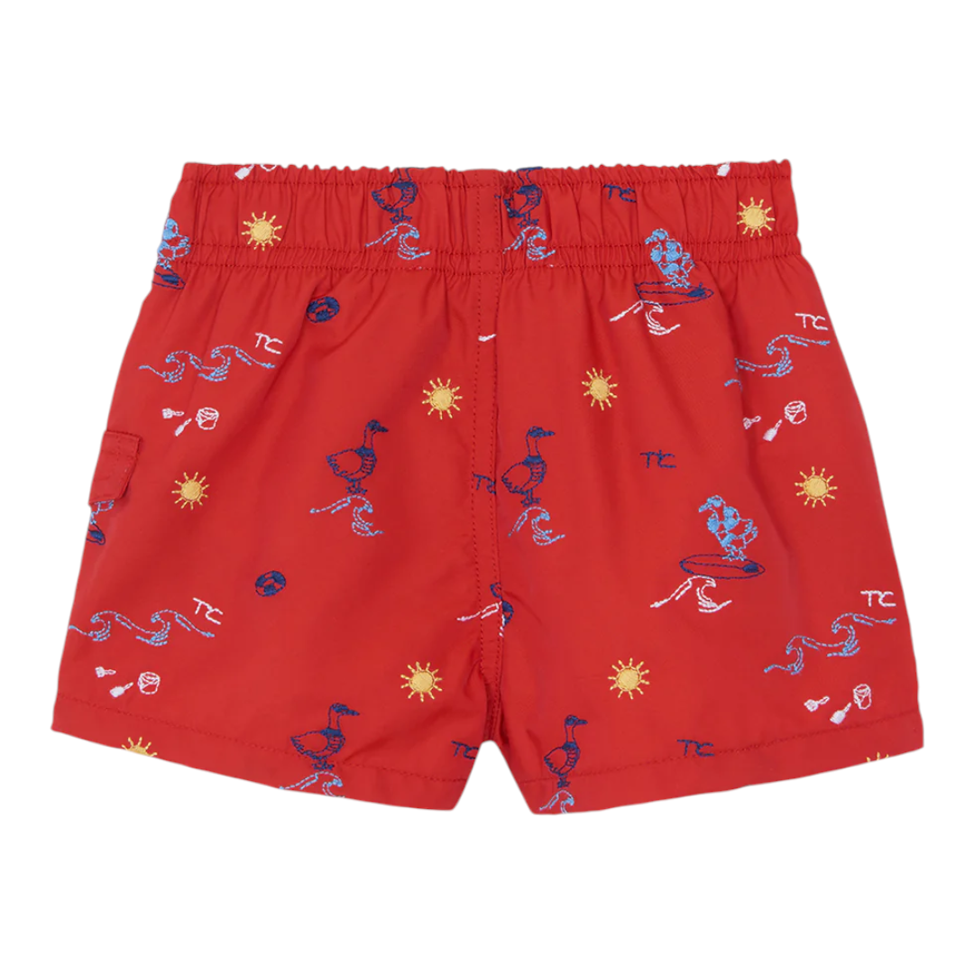Boys Red Surfer Print Swim Shorts