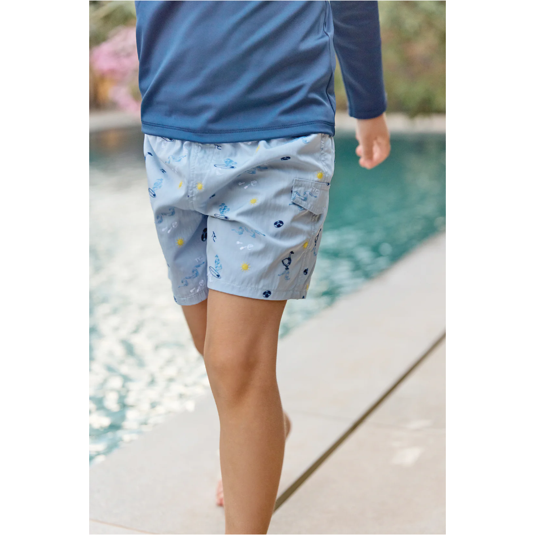 Boys Blue Seaside Print Swim Shorts