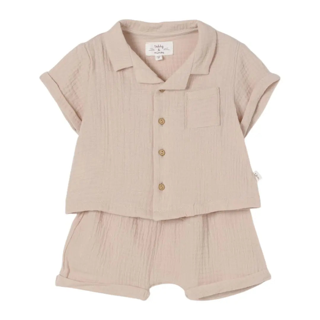 Organic Cotton Two Piece Shorts Set - Beige TEDDY & MINOU