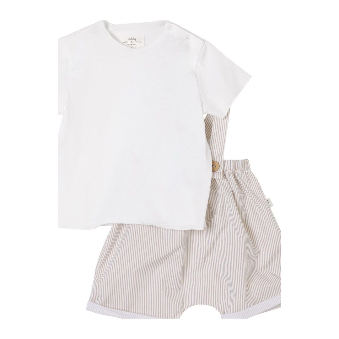 White Tshirt & Beige Overall Set