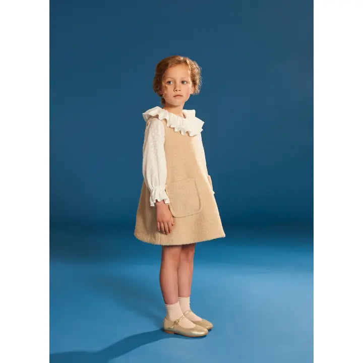 Teddy Bear Pinafore Dress - Biscuit HUCKLEBONES