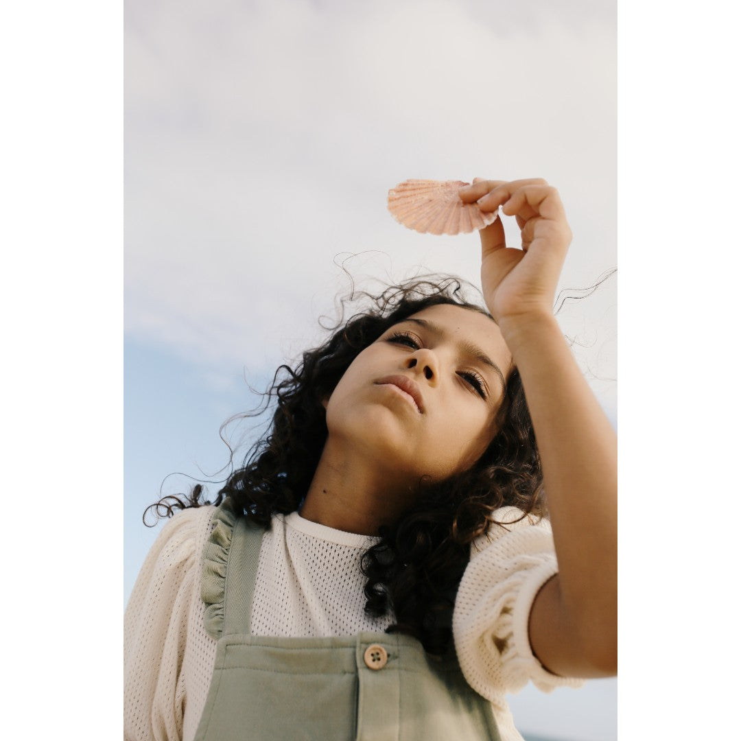 Girls Ecru Blouse & Green Denim Playsuit