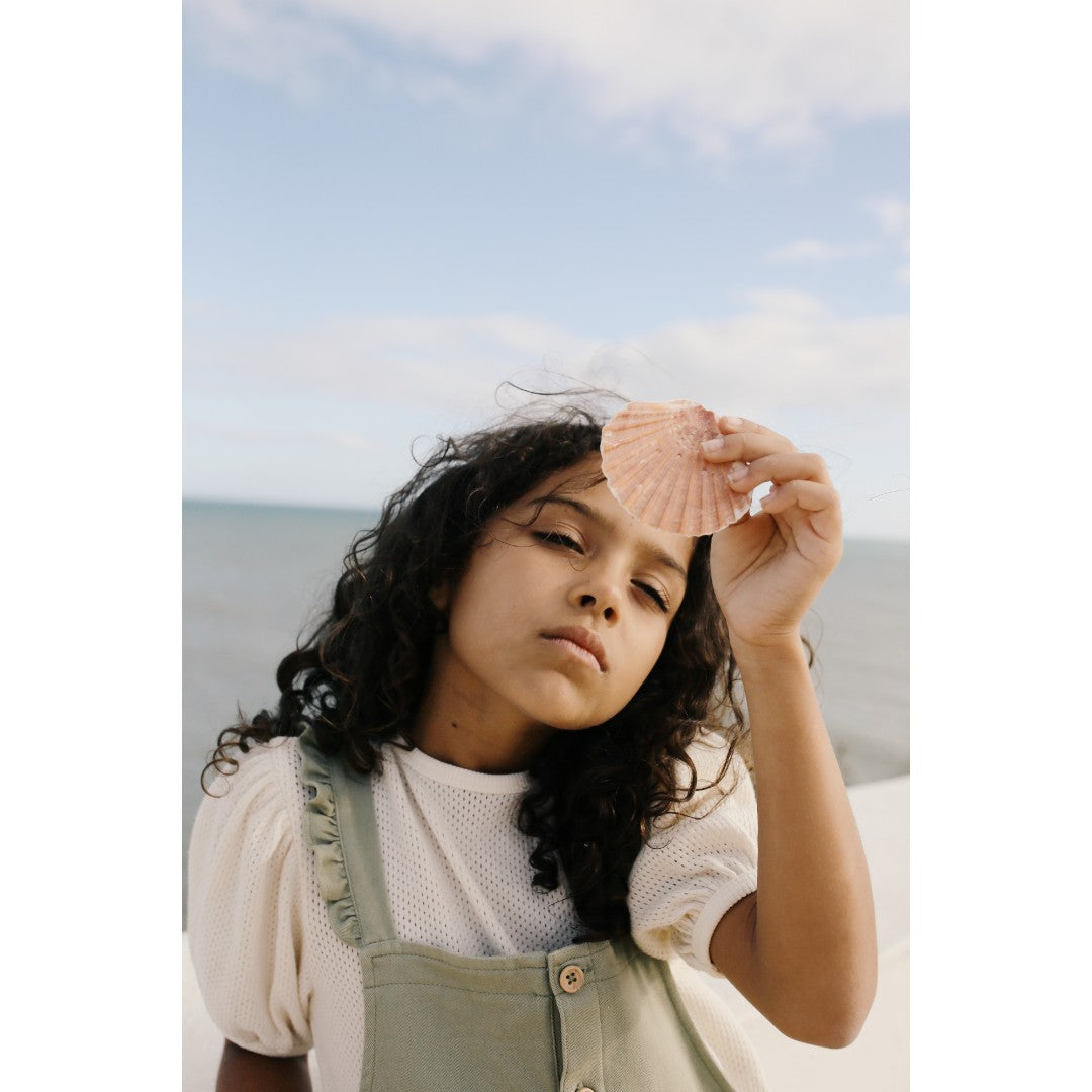 Girls Ecru Blouse & Green Denim Playsuit