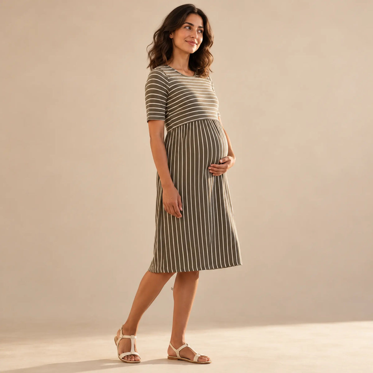 Navi: Striped Lift Up Midi A-Line Dress — maternity lookbook, look 01