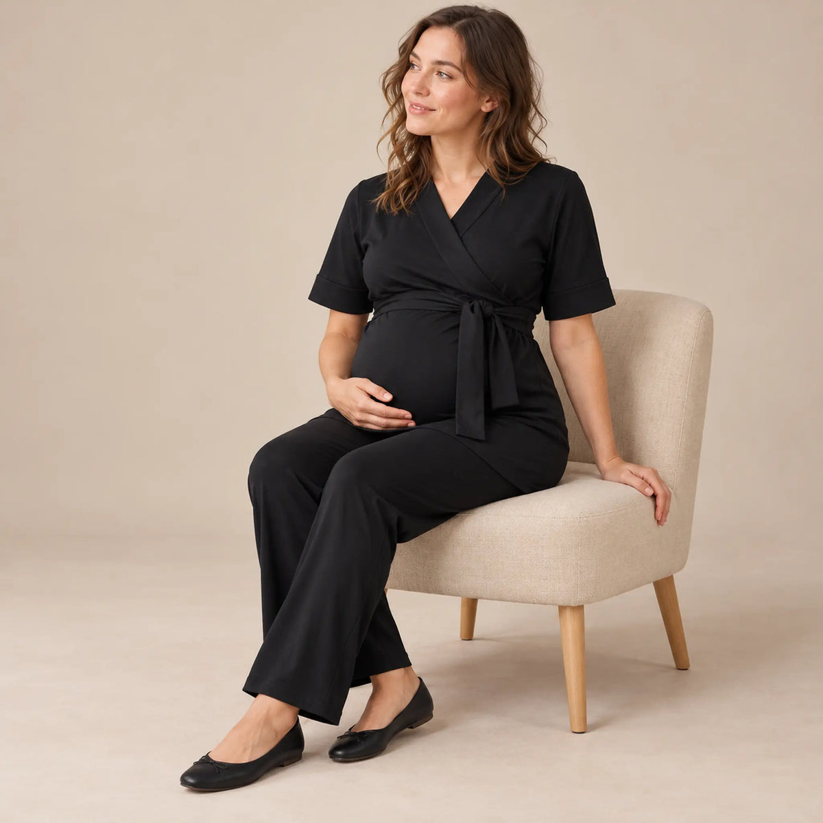 Lounge wrap top-Black — maternity lookbook, look 01