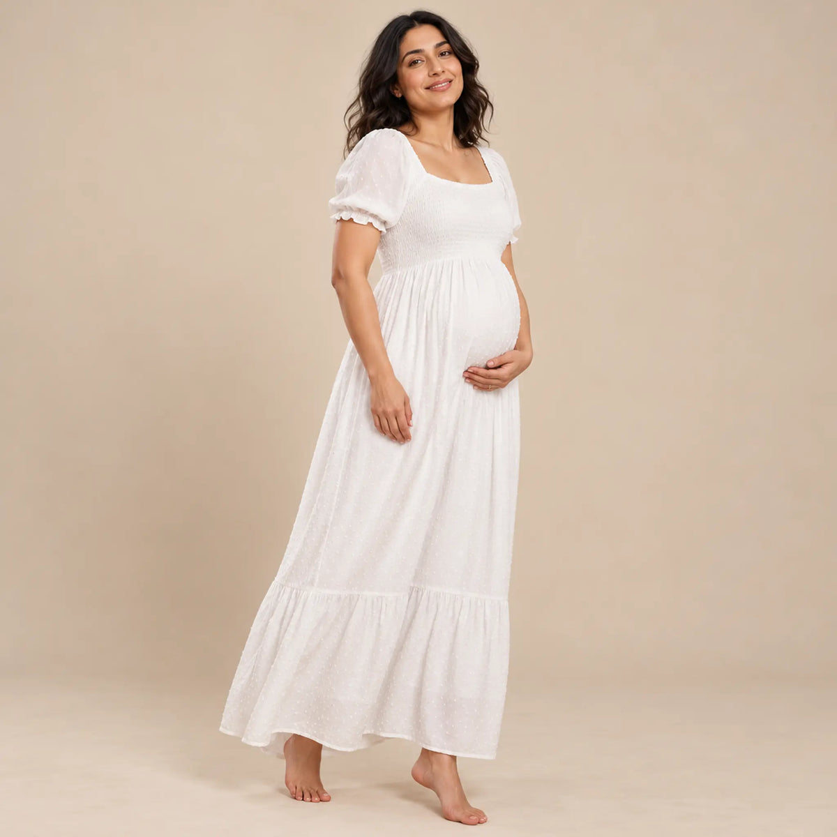 Carolina: Shirred Midi Dress — maternity lookbook, look 04