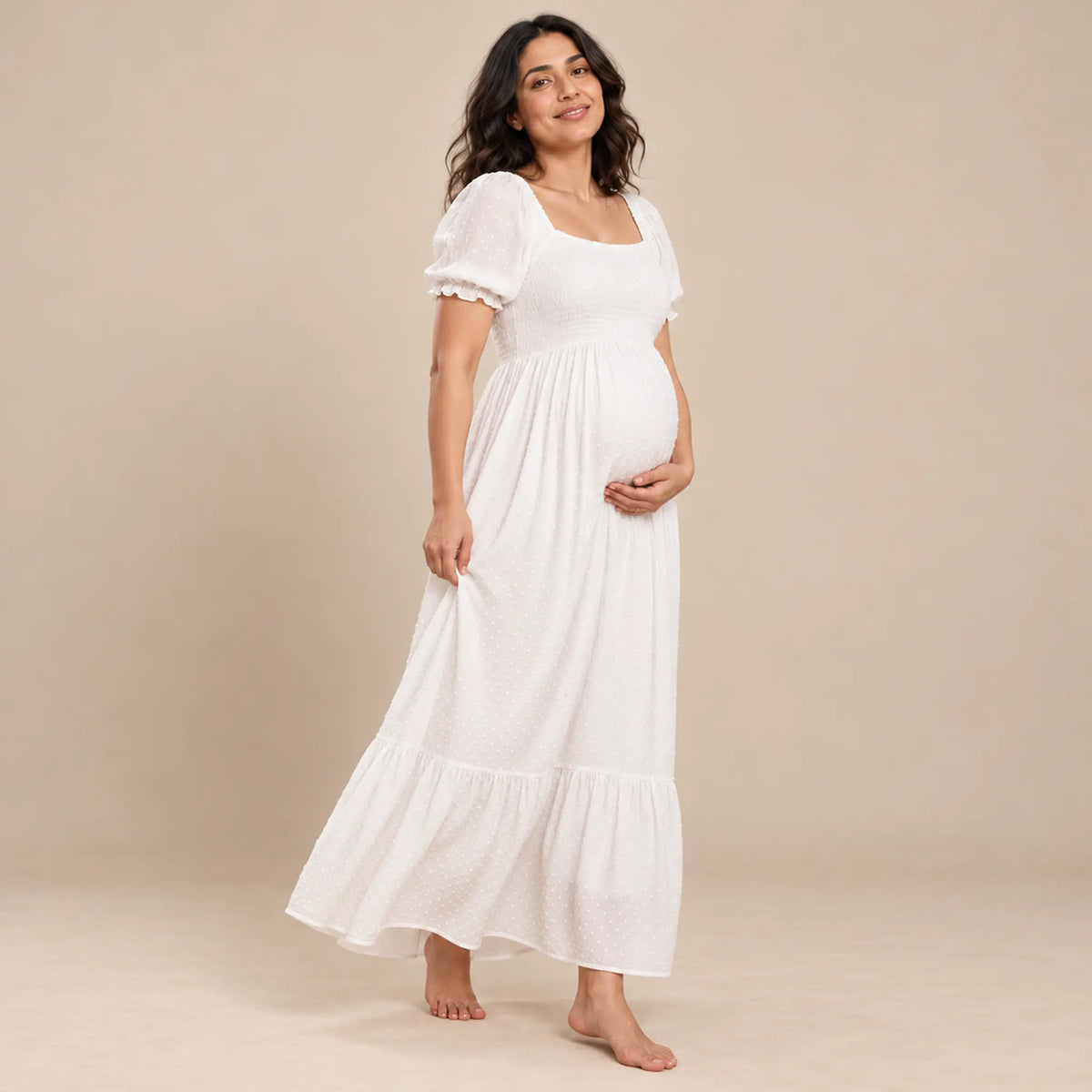 Carolina: Shirred Midi Dress — maternity lookbook, look 05