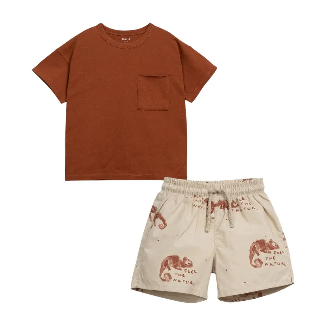 Brown Jersey T-shirt & Desert Chamaleon Swim Shorts PLAY UP