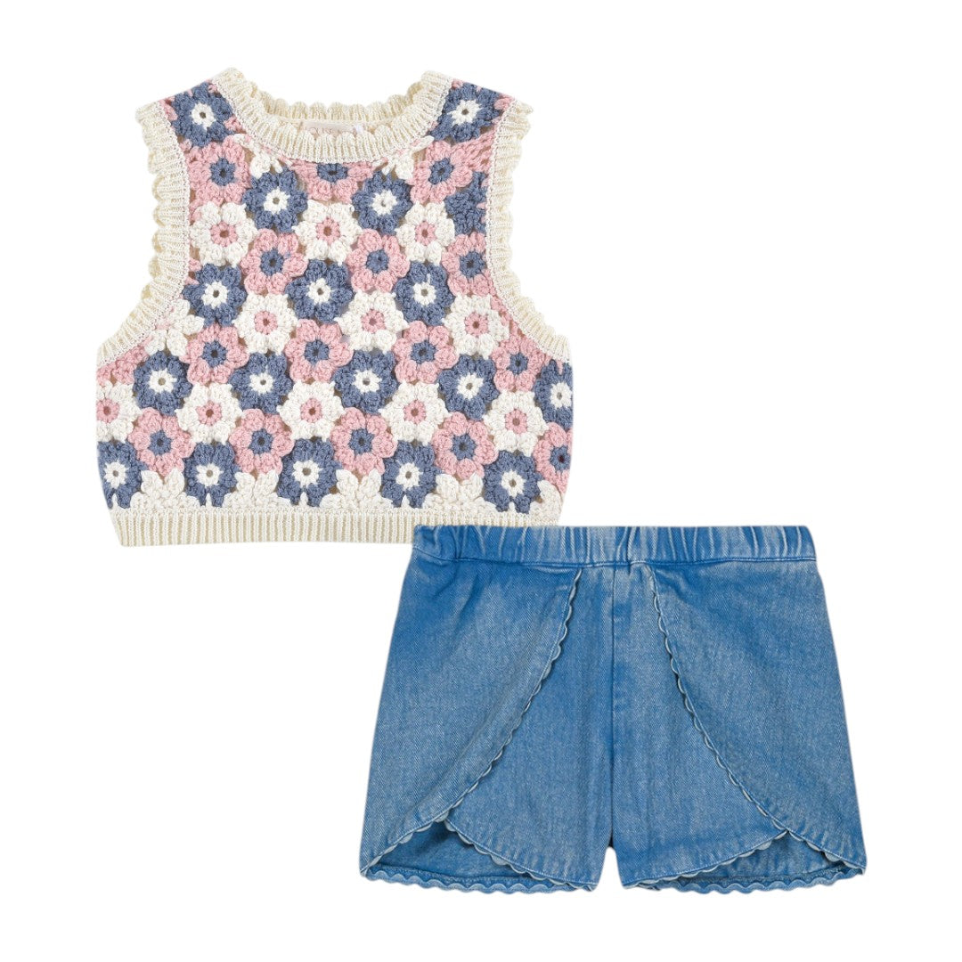 Rynia Crochet Top & Asya Stone Blue Shorts
