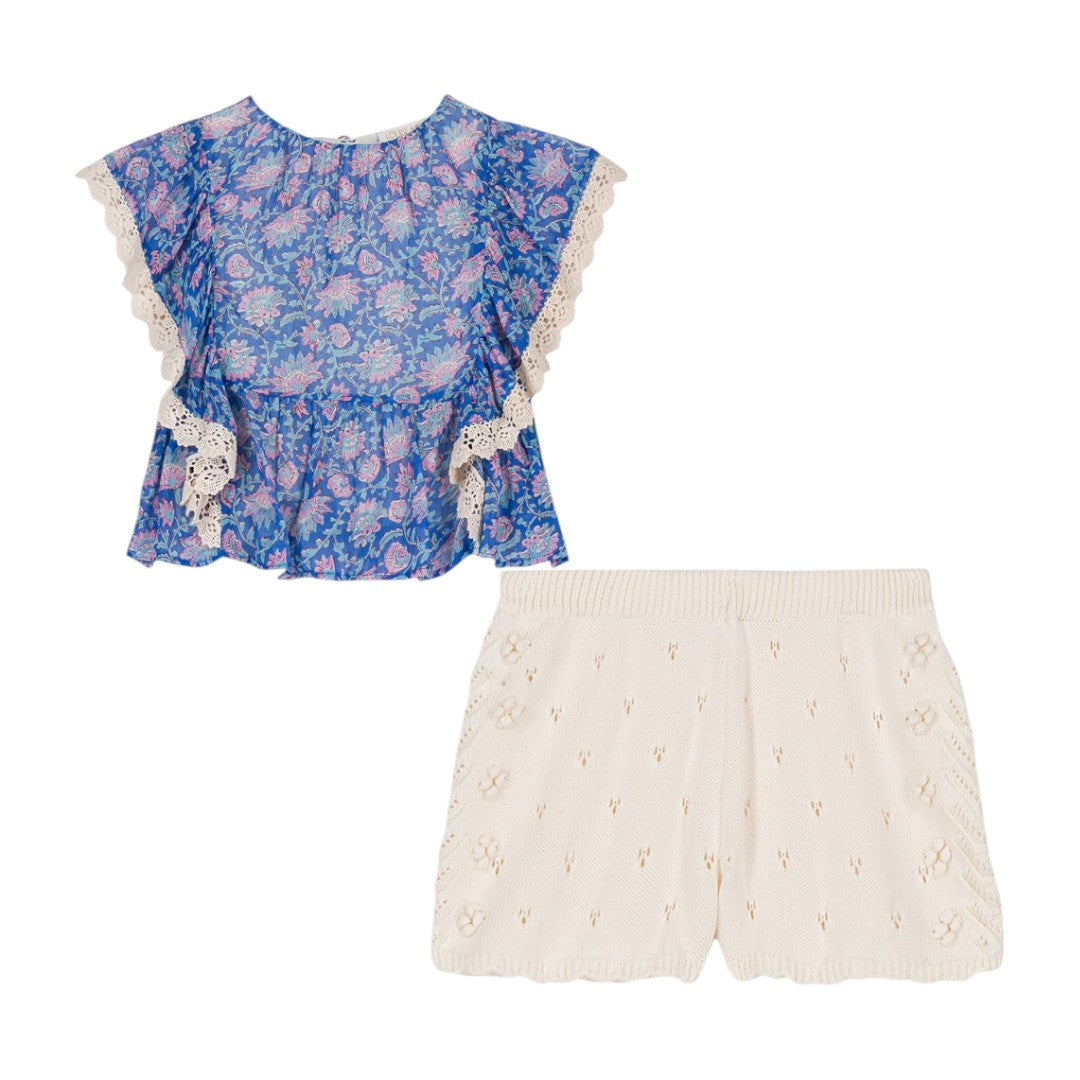 Blue Capri Floral Blouse & Cotton Knit Shorts