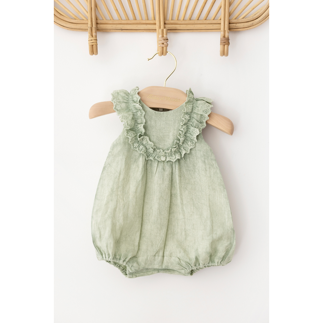 Green Linen Baby Girl Romper