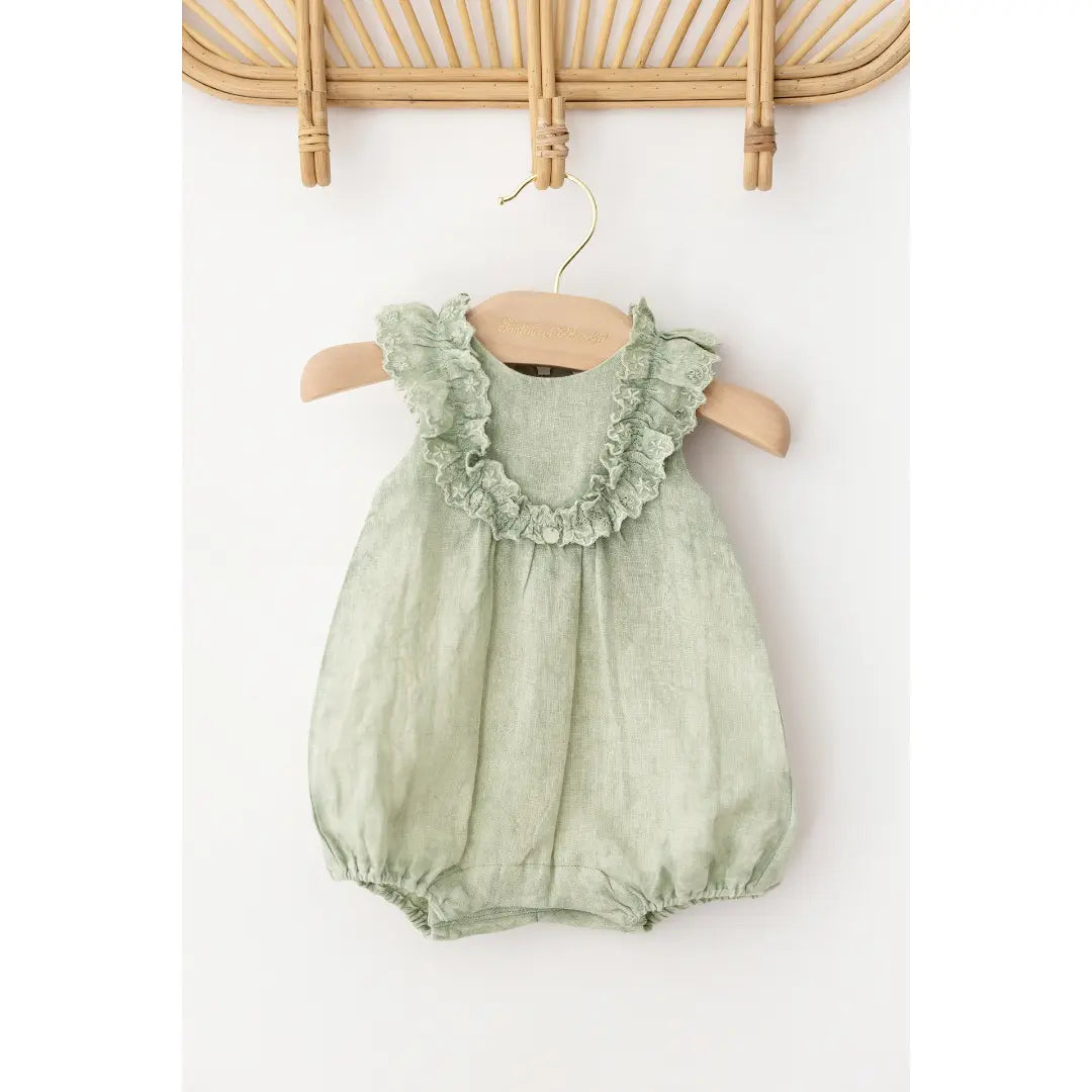Green Linen Baby Girl Romper TARTINE ET CHOCOLAT