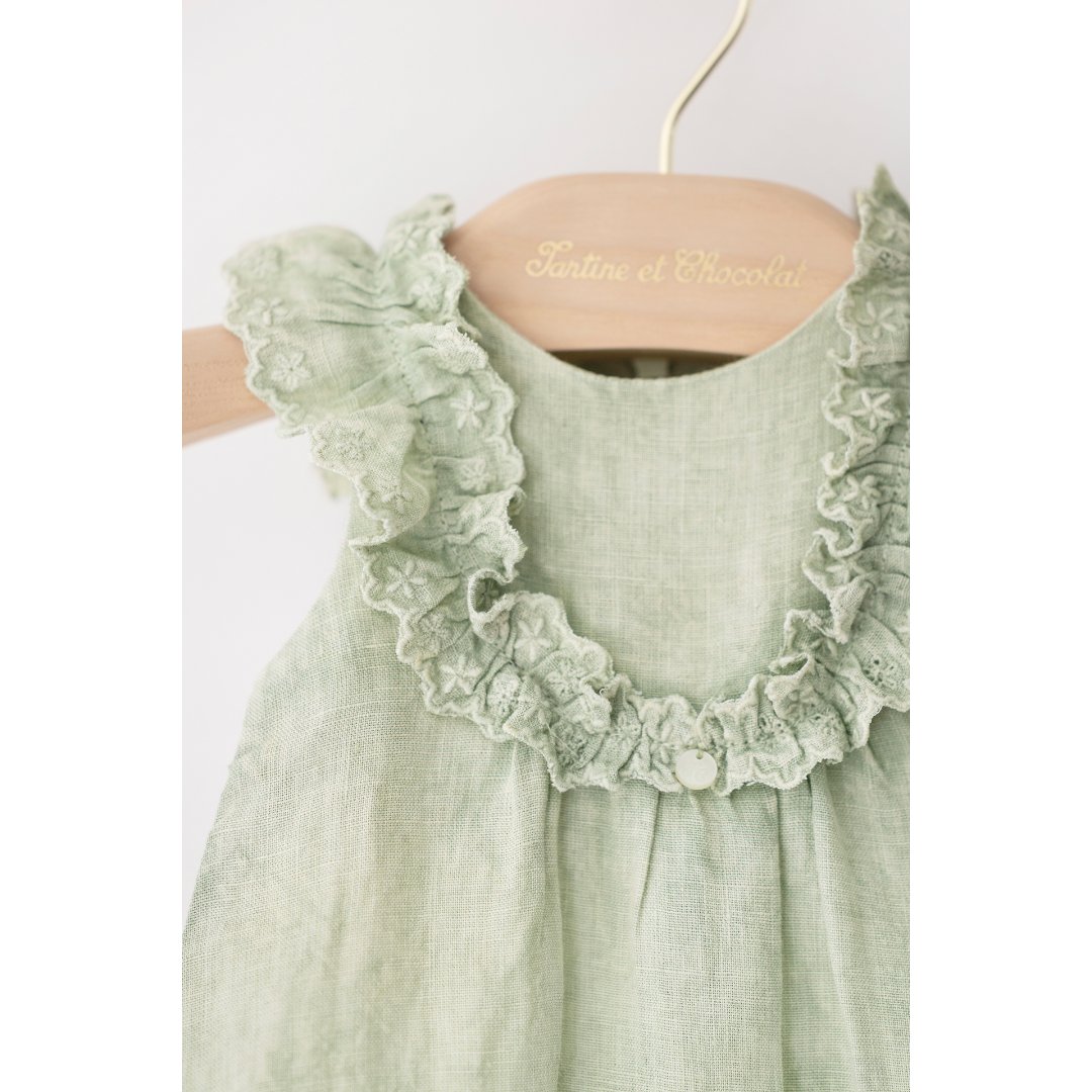 Green Linen Baby Girl Romper
