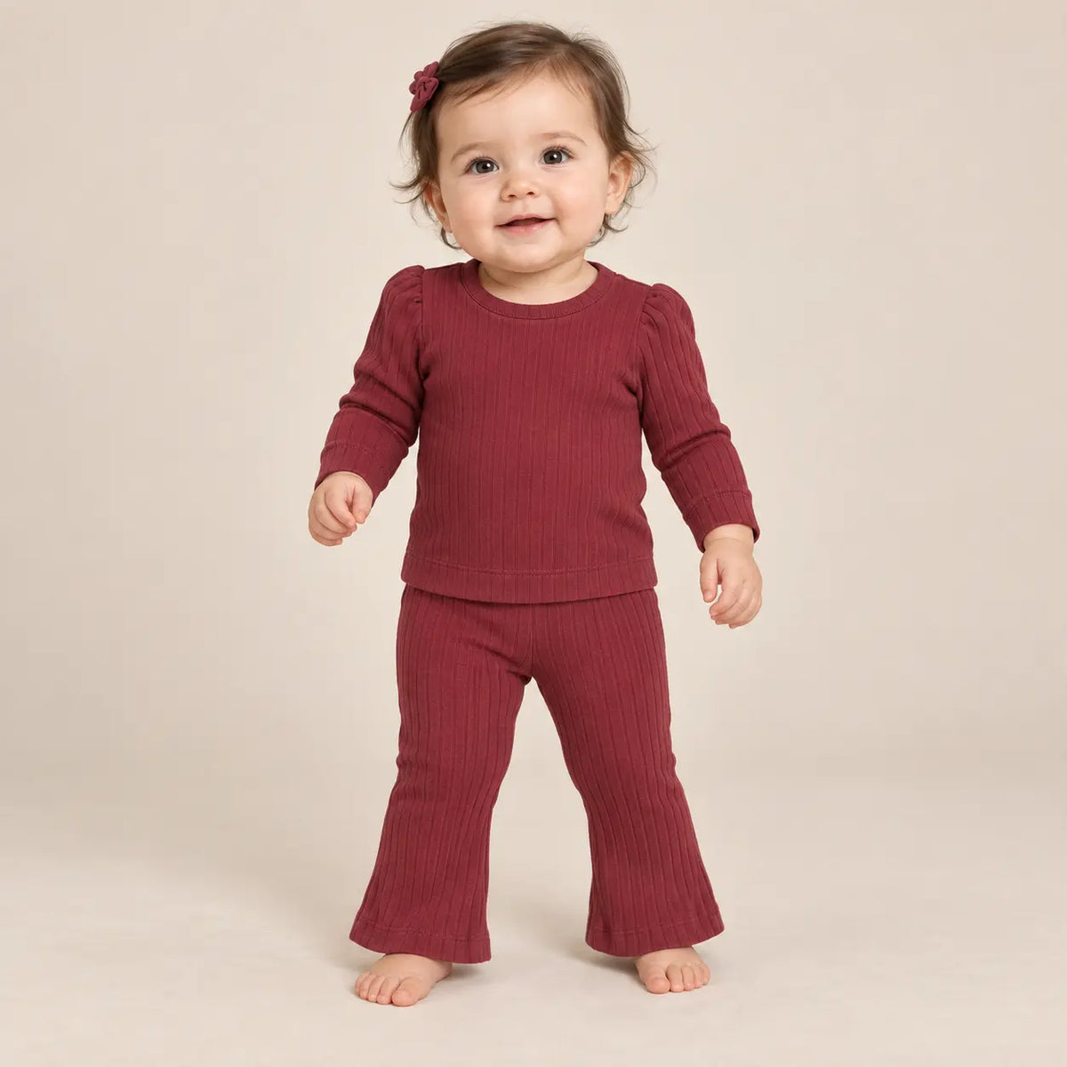 9 month girl wearing Baby Girl Ribbed T-shirt & Flared Leggings - Burgundy