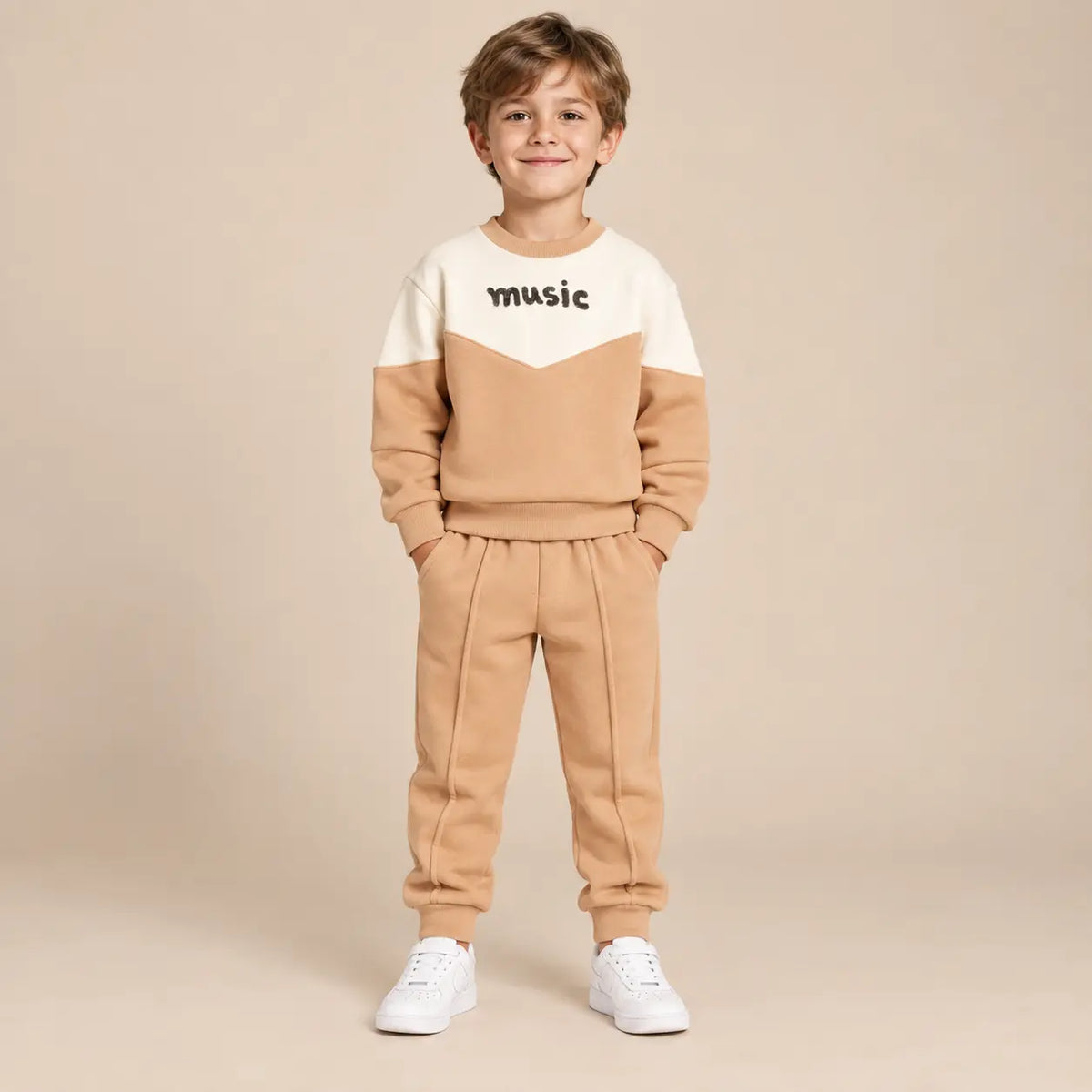 5 year boy wearing Beige & White Organic Cotton Sweatshirt & Sweatpants