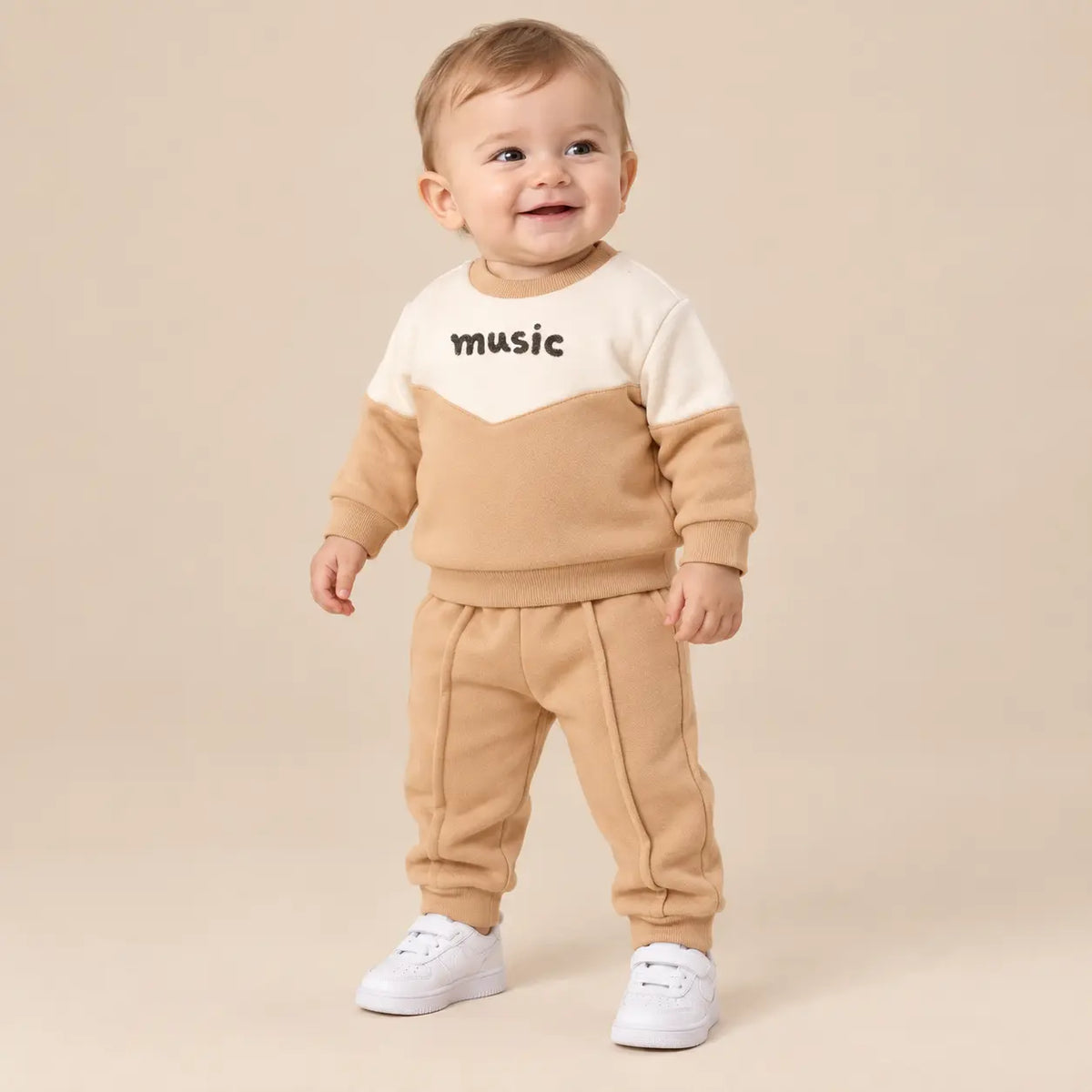 6 month boy wearing Beige & White Organic Cotton Sweatshirt & Sweatpants second pose