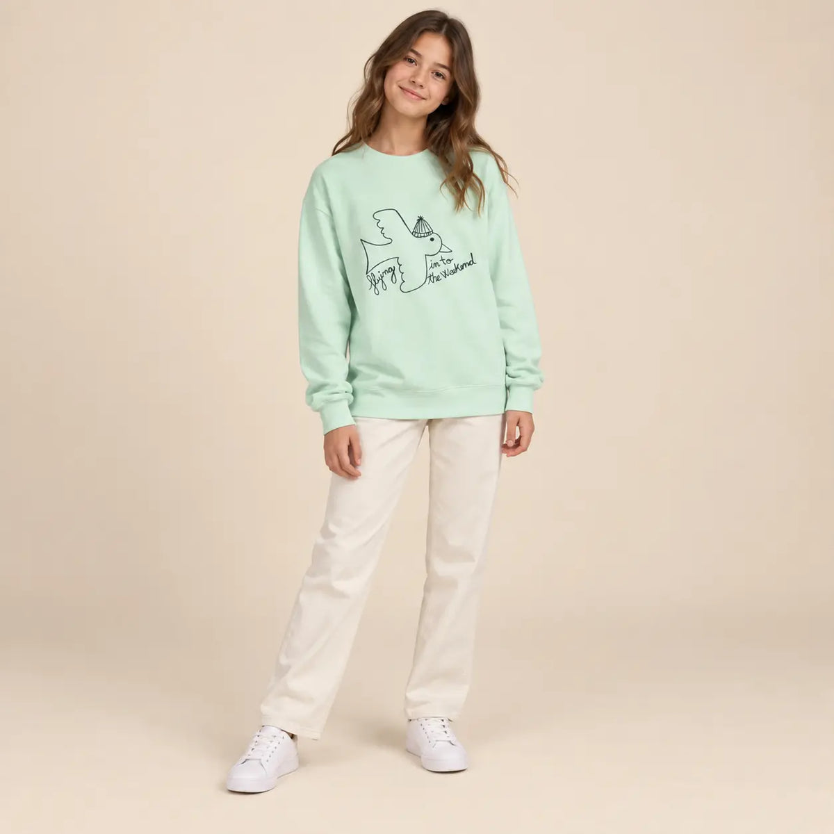 Bird T-shirt - Green - 13Y girl lookbook pose 2