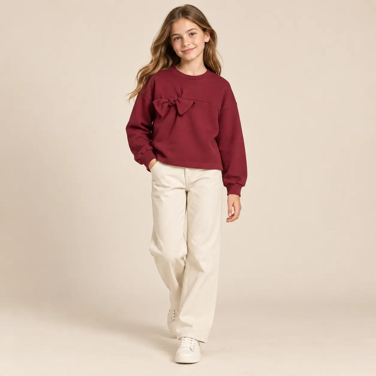 12 year girl wearing Burgundy Organic Cotton Sweatshirt with Bows second pose