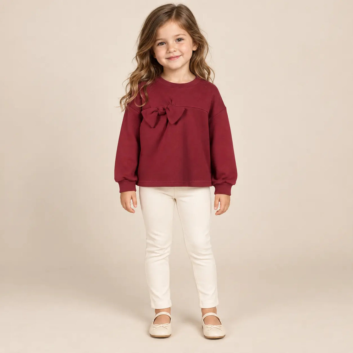 4 year girl wearing Burgundy Organic Cotton Sweatshirt with Bows