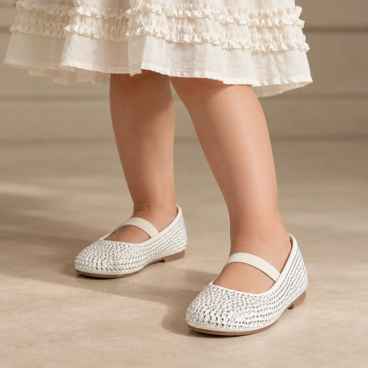 Babywalker Ivory Swarovski Crystal Girls Ballet Flats — worn shoe close-up