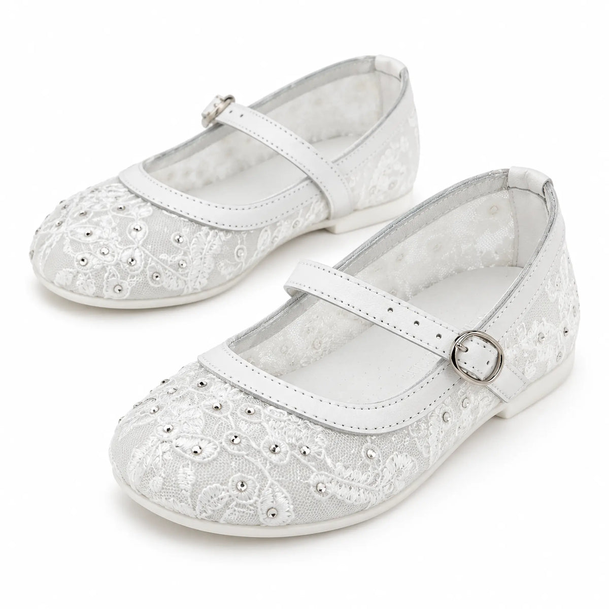 BabyWalker White Lace & Rhinestone Girls Ballerina Shoes — product image on white