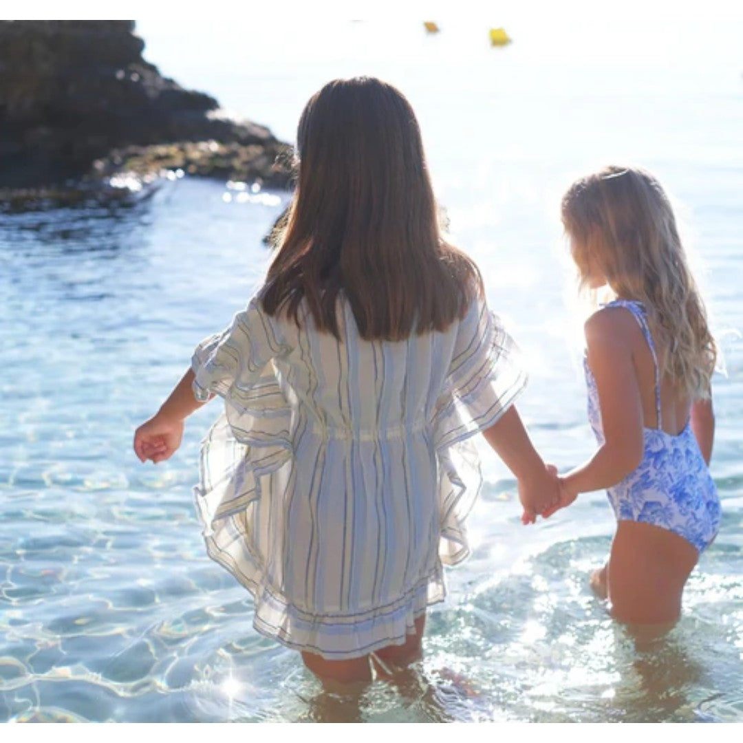 Bahia Shiny Stripe Swim Cover Up - White, Blue & Gold